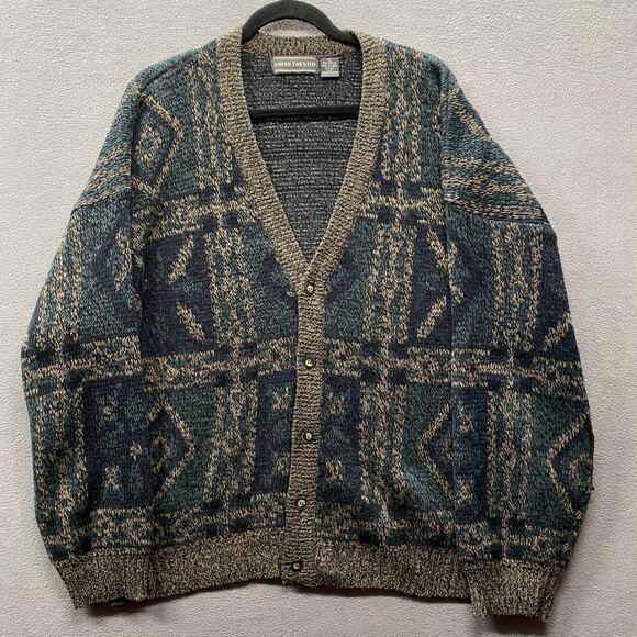 Vtg David Taylor Grandpa Cardigan Sweater Mens XL Blue Gray Geo Print Button Up - Picture 1 of 10
